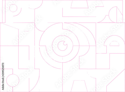 Abstract geometric composition with intersecting pink lines and circles