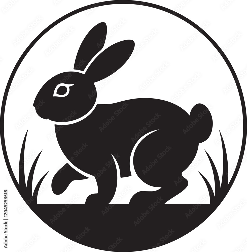 Obraz premium Minimalist black rabbit silhouette icon inside a circular frame with grass elements