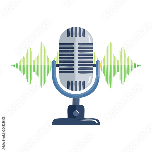 Vintage microphone with green sound wave