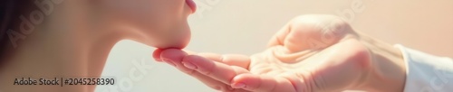 Close-up of a hand gently touching a cheek, pastel background , appearance, spa, clean
