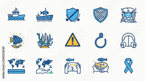 Set of Marine Conservation and Maritime Industry Icons Featuring Ecological Protection and Nautical Symbols