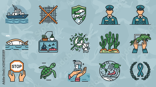Set of Vector Icons for Ocean Conservation and Marine Environmental Protection Awareness