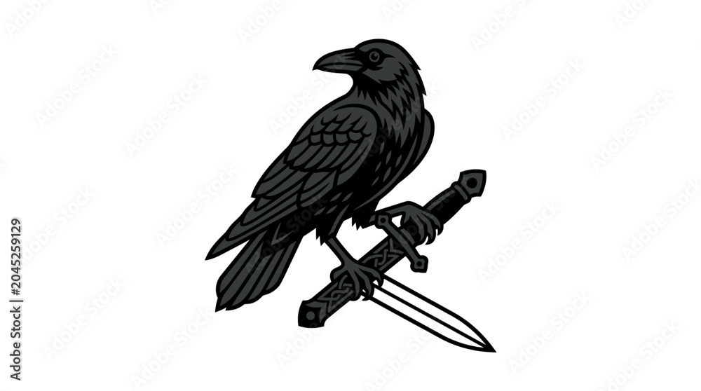 Fototapeta premium Black raven perched on barbed wire tangle isolated on white background