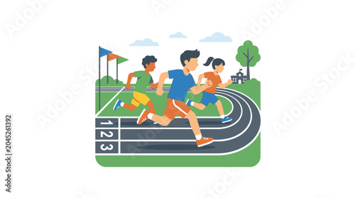Group of people running race on outdoor track with green field and blue sky