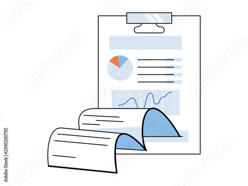 Clipboard with data charts and paper sheets vector illustration. Business analytics, financial report, market research, project management, medical records, statistics. Document with diagrams