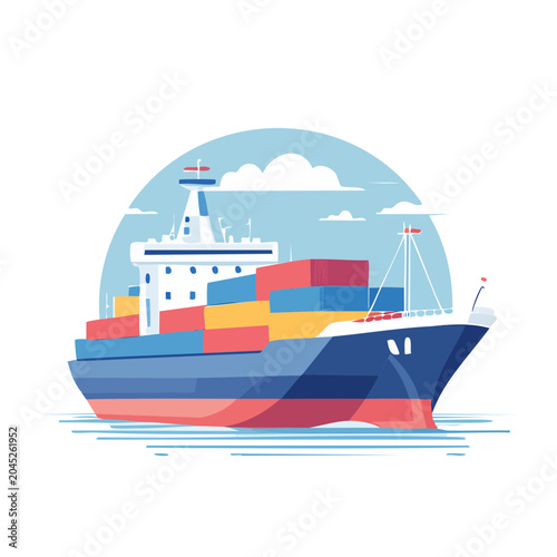 Flat design illustration of a container ship at sea