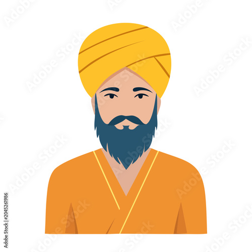 Flat design portrait of a man with a yellow turban and beard