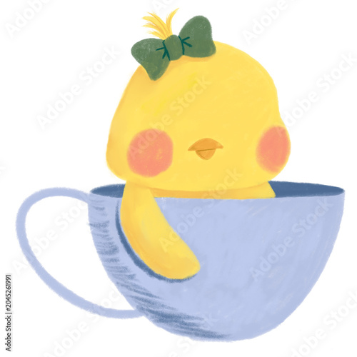 Fotografía Hand drawn Cute little yellow chick with green bow inside a blue teacup illustra