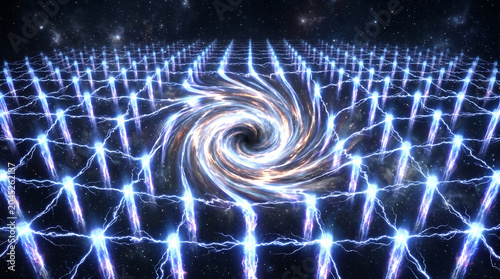 Abstract cosmic energy swirls forming intricate geometric patterns in deep space with futuristic digital glow