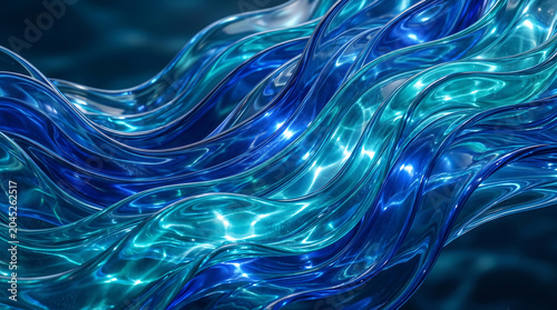 Abstract fluid waves glowing with electric blue neon light in dark space creating futuristic cosmic energy