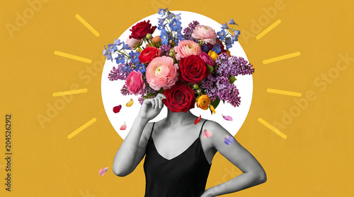 Creative woman embracing imagination with colorful floral burst and glowing light in surreal artistic composition