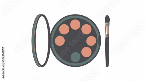 Open makeup compact with powder pans and application brush
