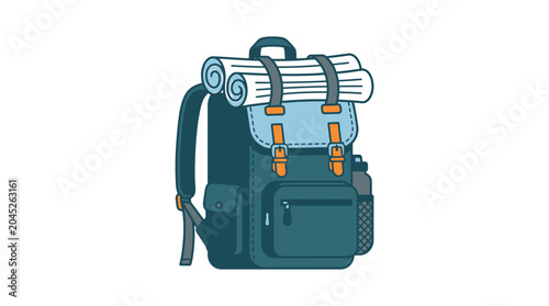 Outdoor adventure camping backpack with rolled mat and accessories