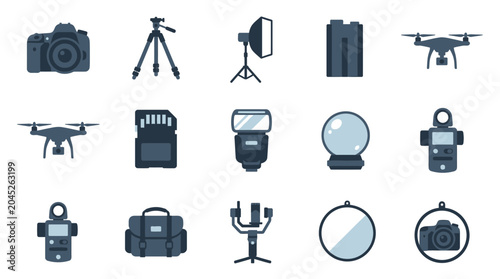 Photography and videography equipment icons collection for creative professionals