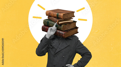 Creative person overwhelmed by knowledge carrying tower of books in vibrant yellow artistic background