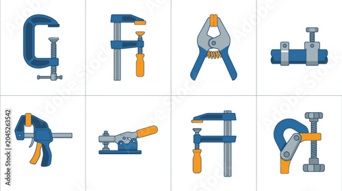 Set of eight different types of metal clamps and vise tools for woodworking and construction projects