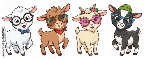 Set of four cute baby goats wearing glasses and accessories on transparent background. Cartoon animal collection for children design. Livestock kid characters illustration.