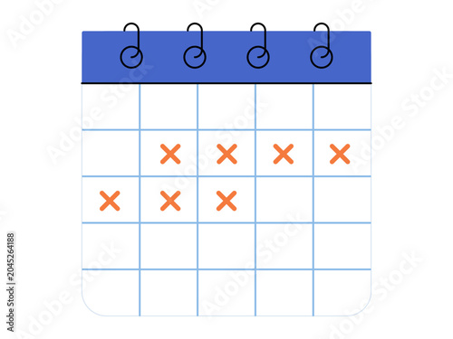 Calendar with orange cross marks on specific days vector illustration. Time management, project planning, deadline tracking, habit building, event scheduling, productivity. Planner with marked dates