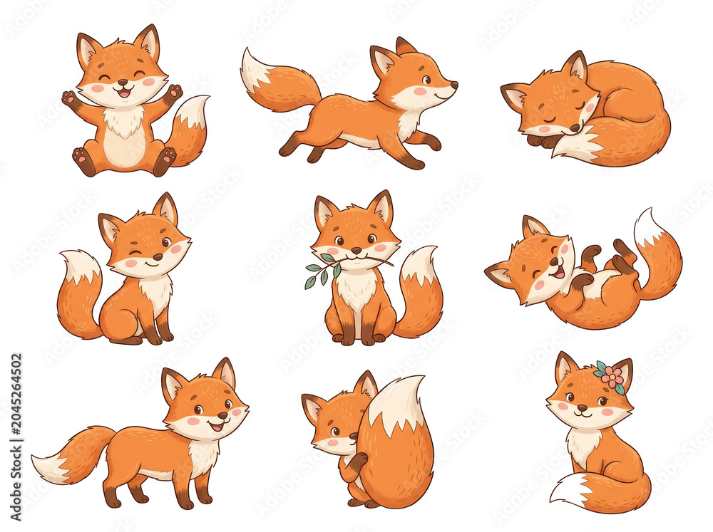 Naklejka premium Cute cartoon fox character set in various poses on transparent background. Playful forest animal collection for nursery decor, children book illustration, sticker, and graphic design.