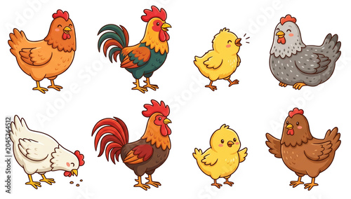 Set of chicken, rooster and chick cartoon characters on transparent background. Cute farm poultry collection for children design. Domestic bird illustration for educational materials.