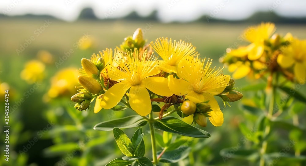 Obraz premium Yellow st johns wort flowers blooming in a sunny summer meadow