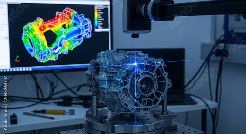 Industrial engine component being measured by a precision 3d scanner
