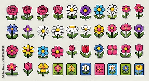 Collection of colorful pixel art flower stickers and icons