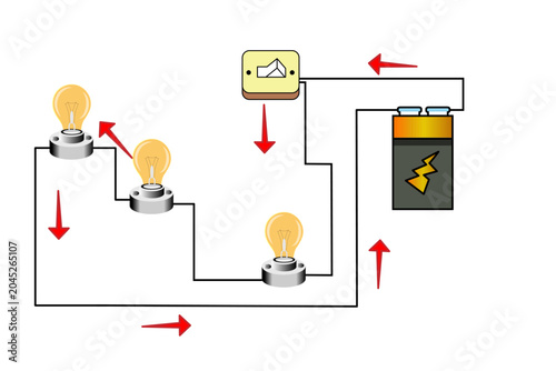 Simple Series Circuit Diagram With Battery, Switch and Light Bulbs Showing Current Flow and Wiring