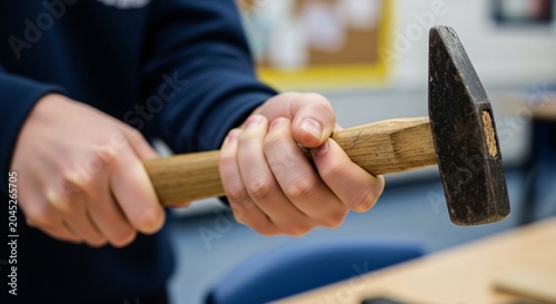 A person wearing a dark blue sweatshirt grips a hammer with both hands in a classroom setting with a desk and chair.