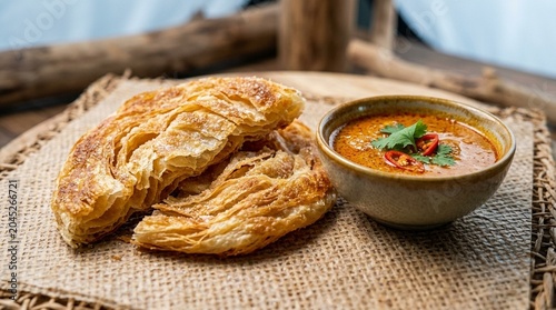 Roti canai Thai crispy Thai-style crispy roti canai with curry dipping sauce close straight on eye-level profile hero shot HERO12 Black Ultra HD 50 wide-angle.8 controlled studio strobe rice paper