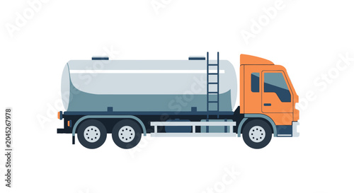 Side view illustration of an orange and silver fuel tanker truck isolated on white background
