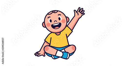 A cheerful cartoon baby sits smiling and happily waving with joy.