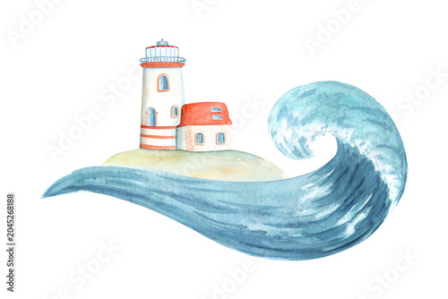 Fotografía Lighthouse and ocean wave watercolor illustration isolated on white