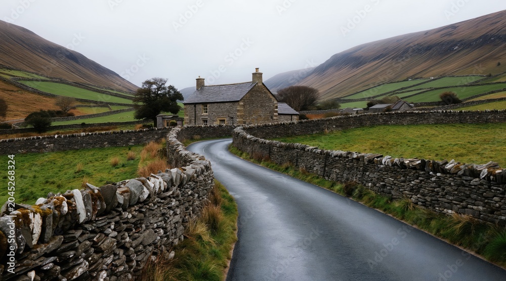Obraz premium Stone house with chimney sits beside winding road through green fields. Dry stone walls line path up misty hills. Overcast day in rural landscape.