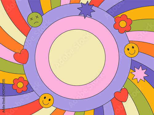 Abstract Retro Groovy Sunburst Background. Retro 70s Psychedelic Background Twisted Rainbow Rays Circle Frame.