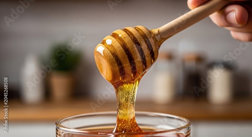 A hand holds a honey dipper pouring honey into a small glass bowl on a kitchen counter with jars and a plant.