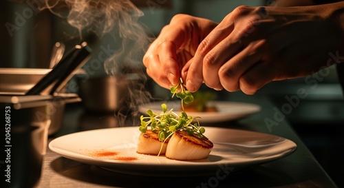 Chef carefully garnishes dish with herbs in busy kitchen with steam rising from plate close-up