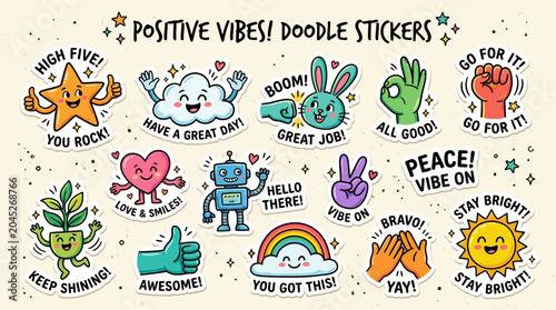 Positive vibes and motivational doodles, great job, high five, peace and love, with cute cartoon style stickers for encouragement