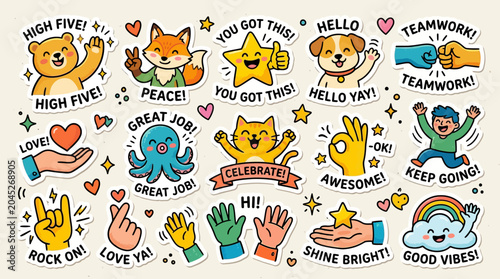 Set of Cute Kawaii Style Cartoon Stickers with Positive Affirmations and Celebrations like High Fives, Thumbs Up, and Stars for Encouragement and Joyful Moments