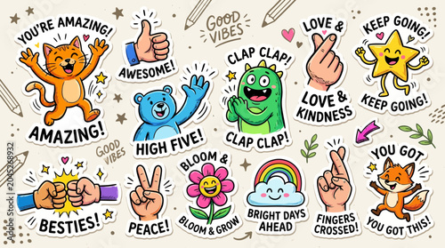 Collection of fun and positive icons, including smiling cat, thumbs up, monster, heart hands, stars, and encouraging messages, perfect for motivation and celebration