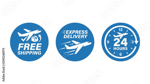 Set of blue circle icons featuring a plane for free shipping, express delivery, and 24 hours, symbolizing quick and efficient logistics services