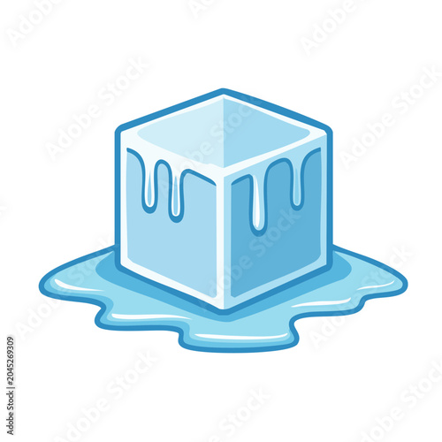 Melting ice cube icon with water puddle