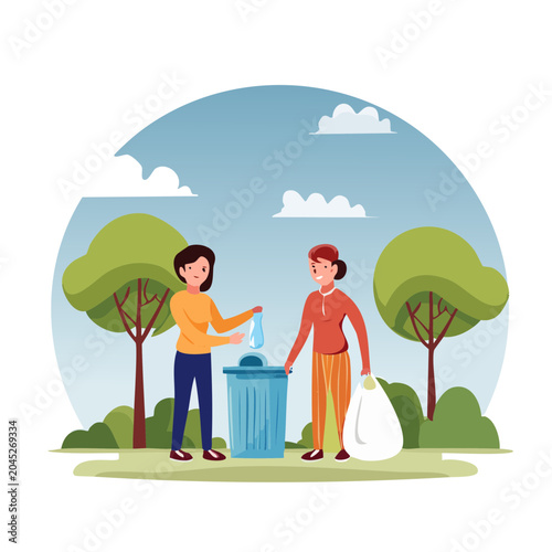 Two women cleaning a park and putting trash in a bin