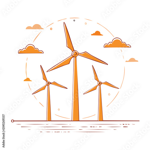 Wind turbines in flat design style with clouds