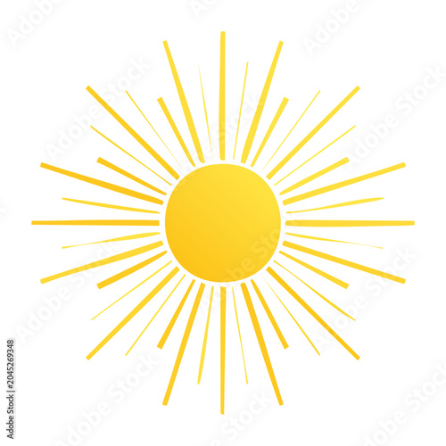Yellow sun with radiating rays on white background