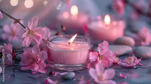 Pink candle, cherry blossoms, and smooth stones float on water with soft bokeh lights