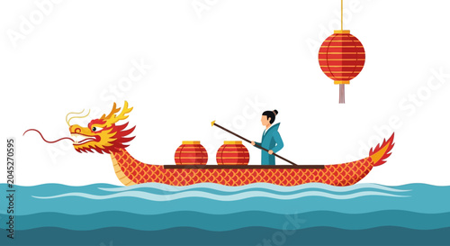 Foto Dragon Boat Paddler On Red Dragon Boat Scene.