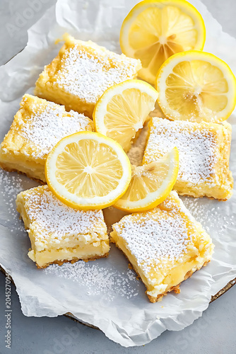 Lemon bars with powdered sugar and fresh lemon slices on white paper.