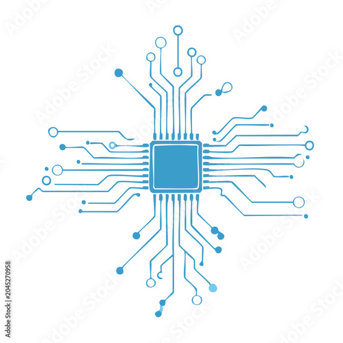 Blue microchip with circuit board connections on white background