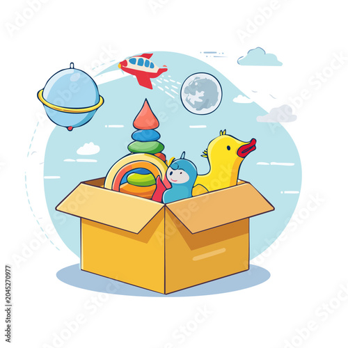 Cardboard box filled with colorful children's toys